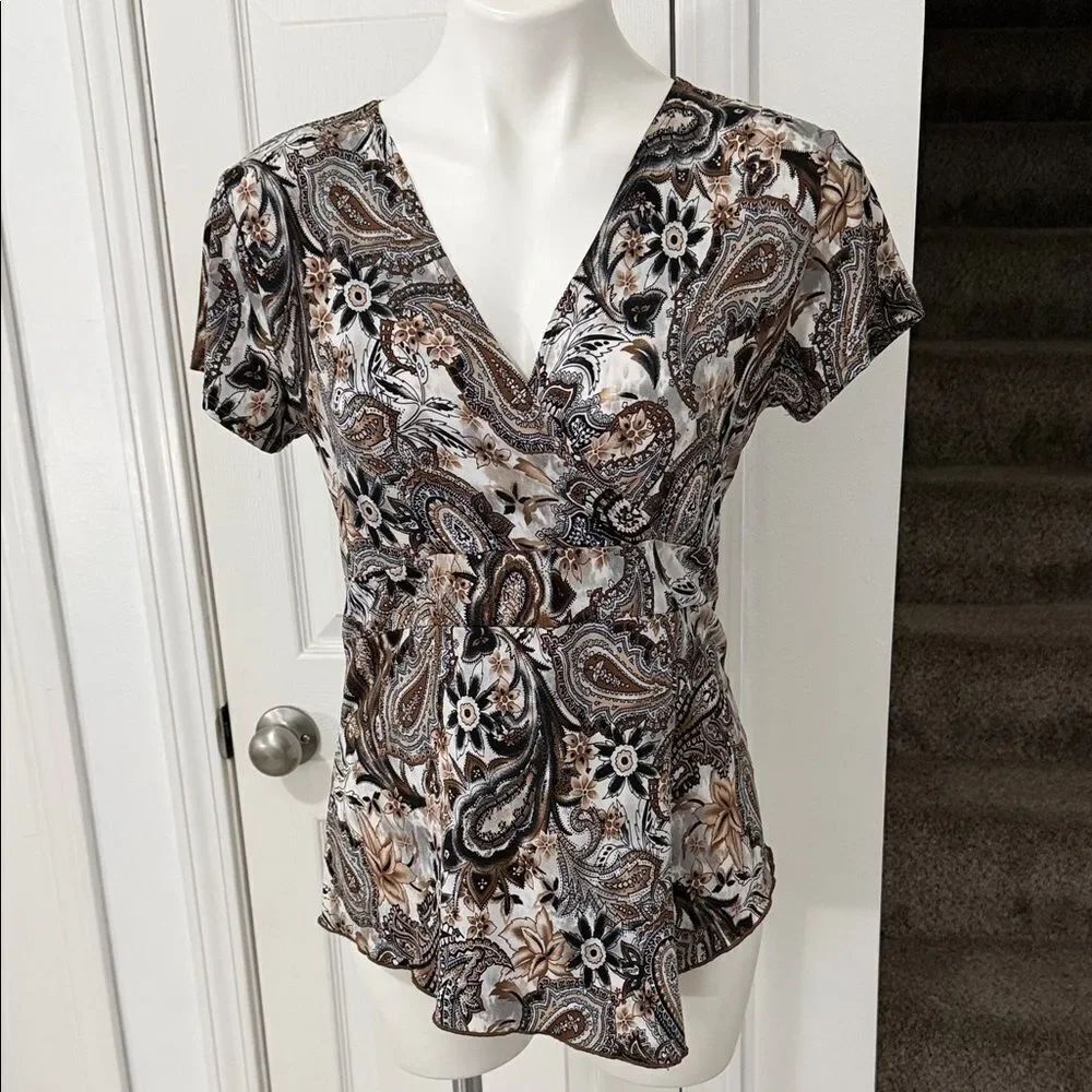 Susan Lawrence Y2K Black and Brown Paisley V-Neck Blouse Size P Large